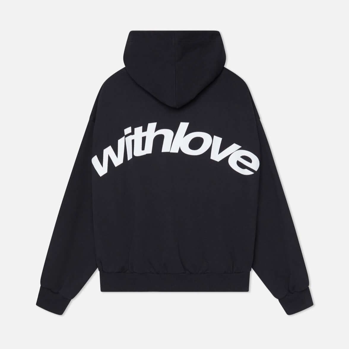 Back view of a black hoodie with 'Withlove' printed in white across the shoulders.
